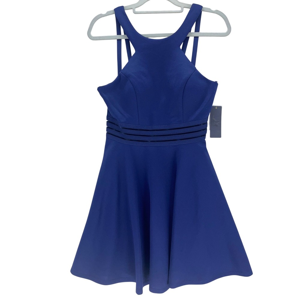 City Studio Party Blue Skater Dress Size 7 Mesh Waist Halter Strappy NWT